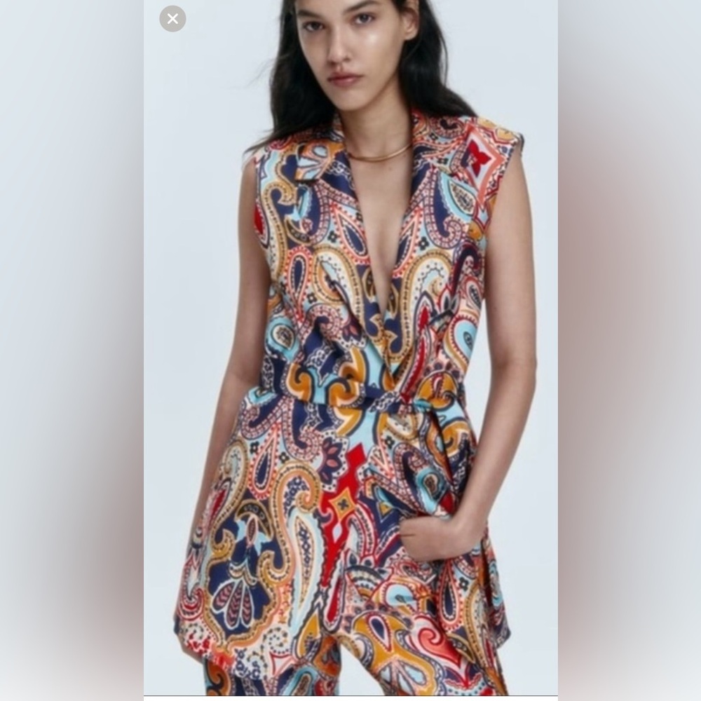 Zara belted vest in paisley print in orange tones